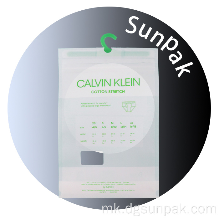 прилагодена пластична кеса за пакување бебешка облека со кука